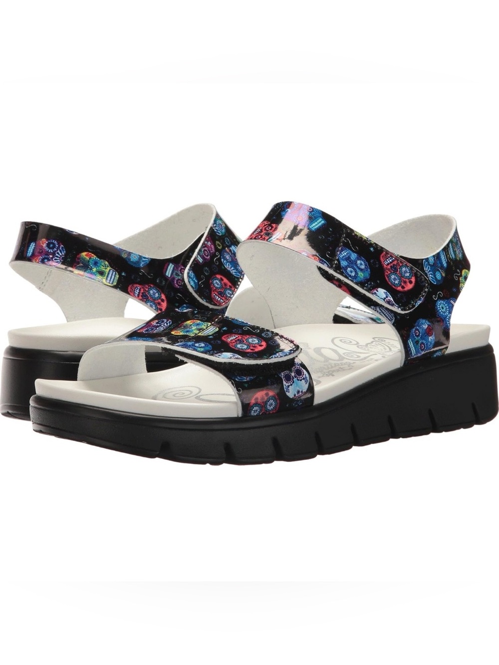 Alegria Playa Womens Sandal Black Sugar Skulls Comfort Strappy Velcro EUC 38
